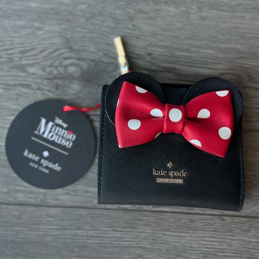 Kate Spade x Minnie Mouse Adalyn Wallet Disney NWT Black Leather Bow Polka Dot